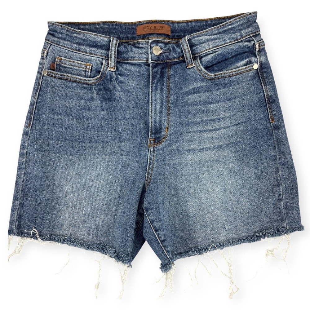 Judy Blue Palm Beach Denim Shorts Womens L High Rise Raw Hem Y2K Skater Jorts